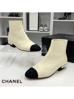 Chanel Leather Fabric Pearl CC Logo Short Boots Ivory